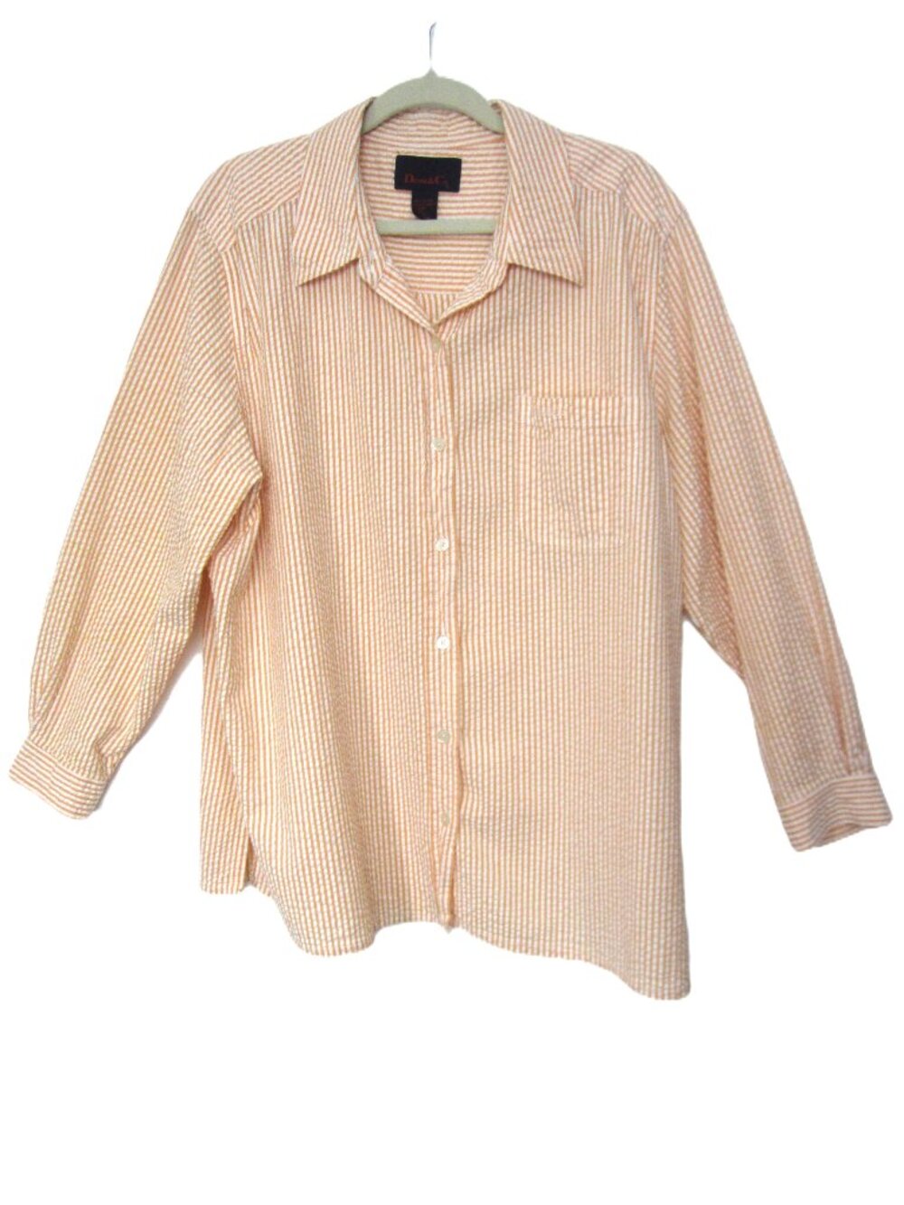 Denim&Co. Orange White Stripe Seersucker Button Up Blouse Top Long Sleeve Collar